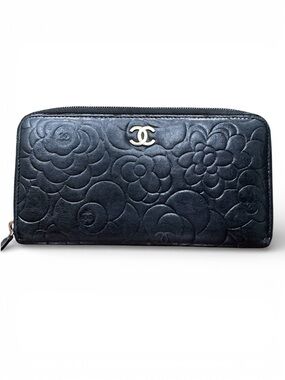 Chanel Camellia Embossed Lambskin Zip Around Wallet Black CC Logo